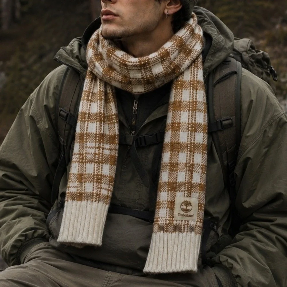 Timberland Scarf Wheat Buffalo Plaid Knit Gorpcore 64 In X 10 In Ribbed Trim